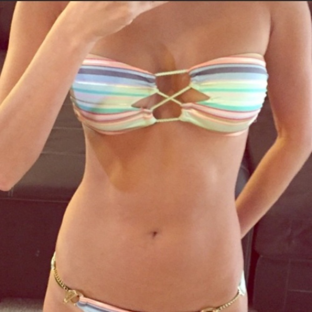 NWT Victoria Secret Women’s Gold Blue Pink Stripe Bandeau Bikini XS *